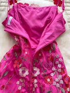 floral applique mini dress in rose red back view zipper open shows lining