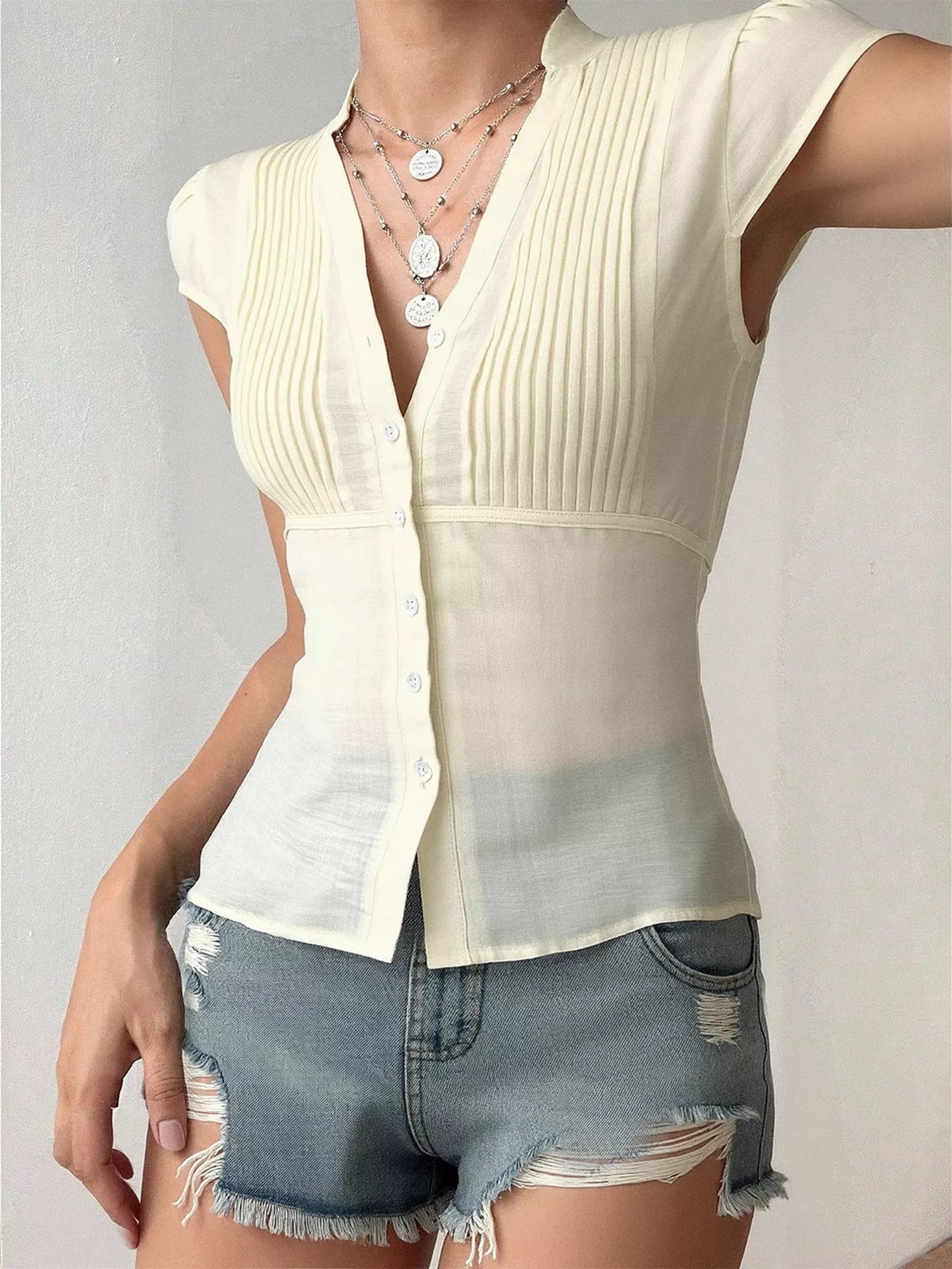 Button Up Cap Sleeve Shirt