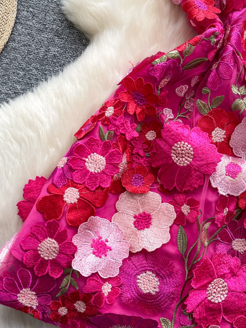 floral applique mini dress in rose red side of skirt