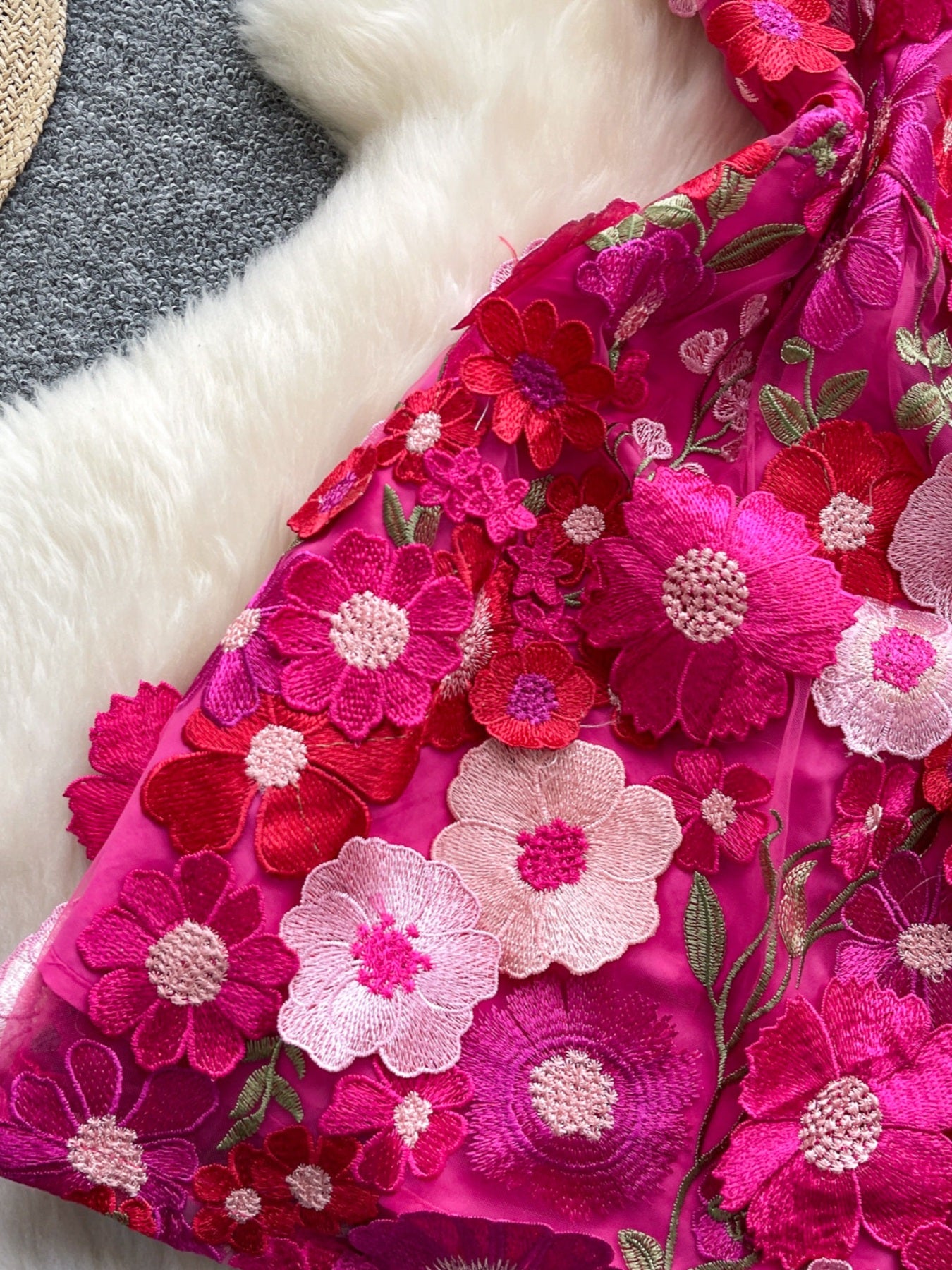 floral applique mini dress in rose red side of skirt