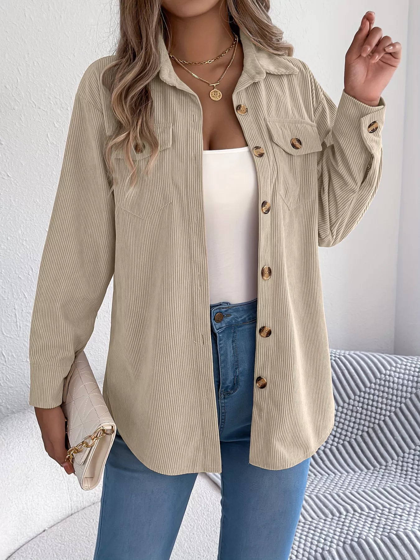 Corduroy Button-Up Long Sleeve Shacket by Irina