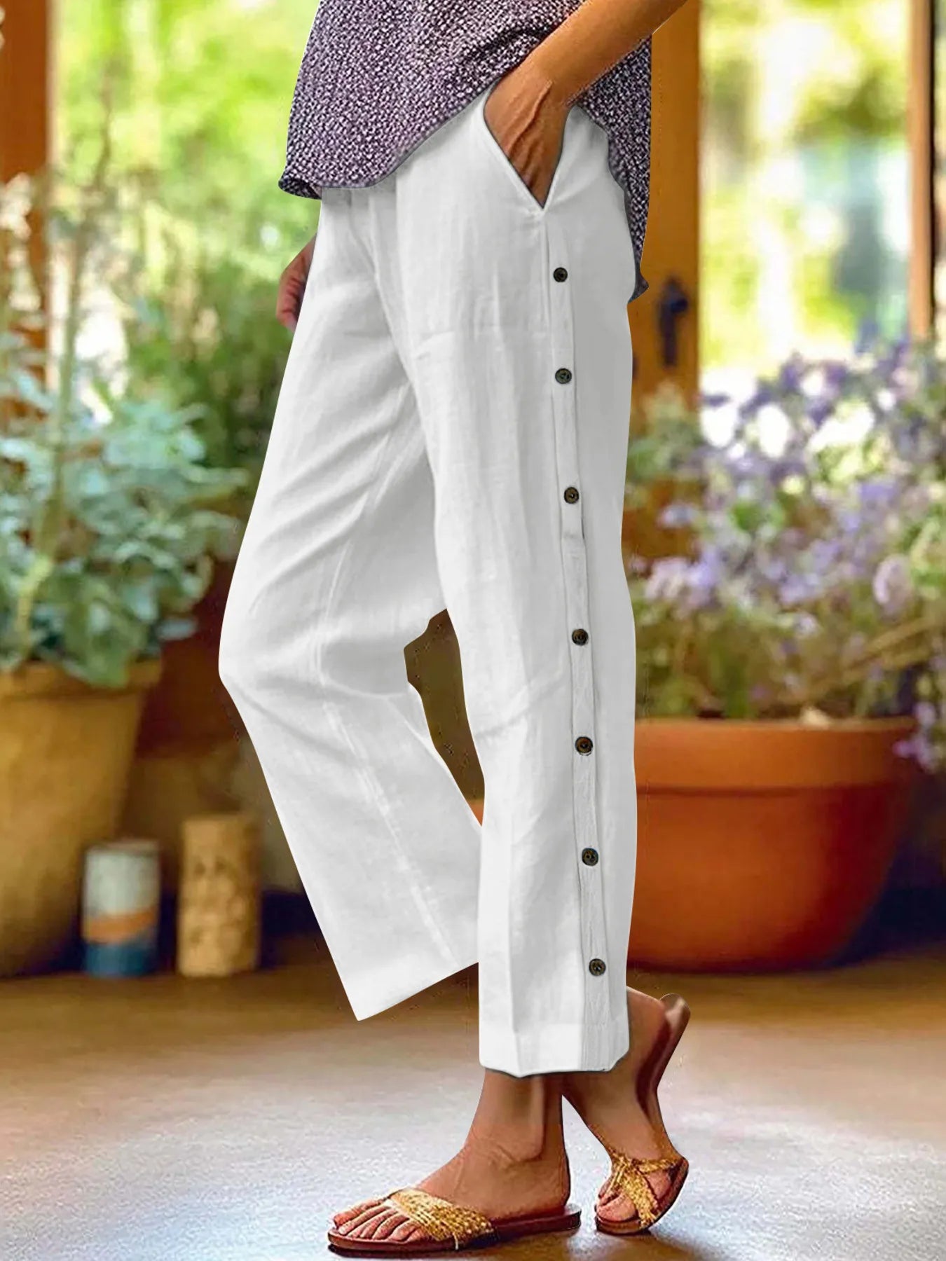 Full Size Side Decor Button Casual Wide Leg Pants Plus Size