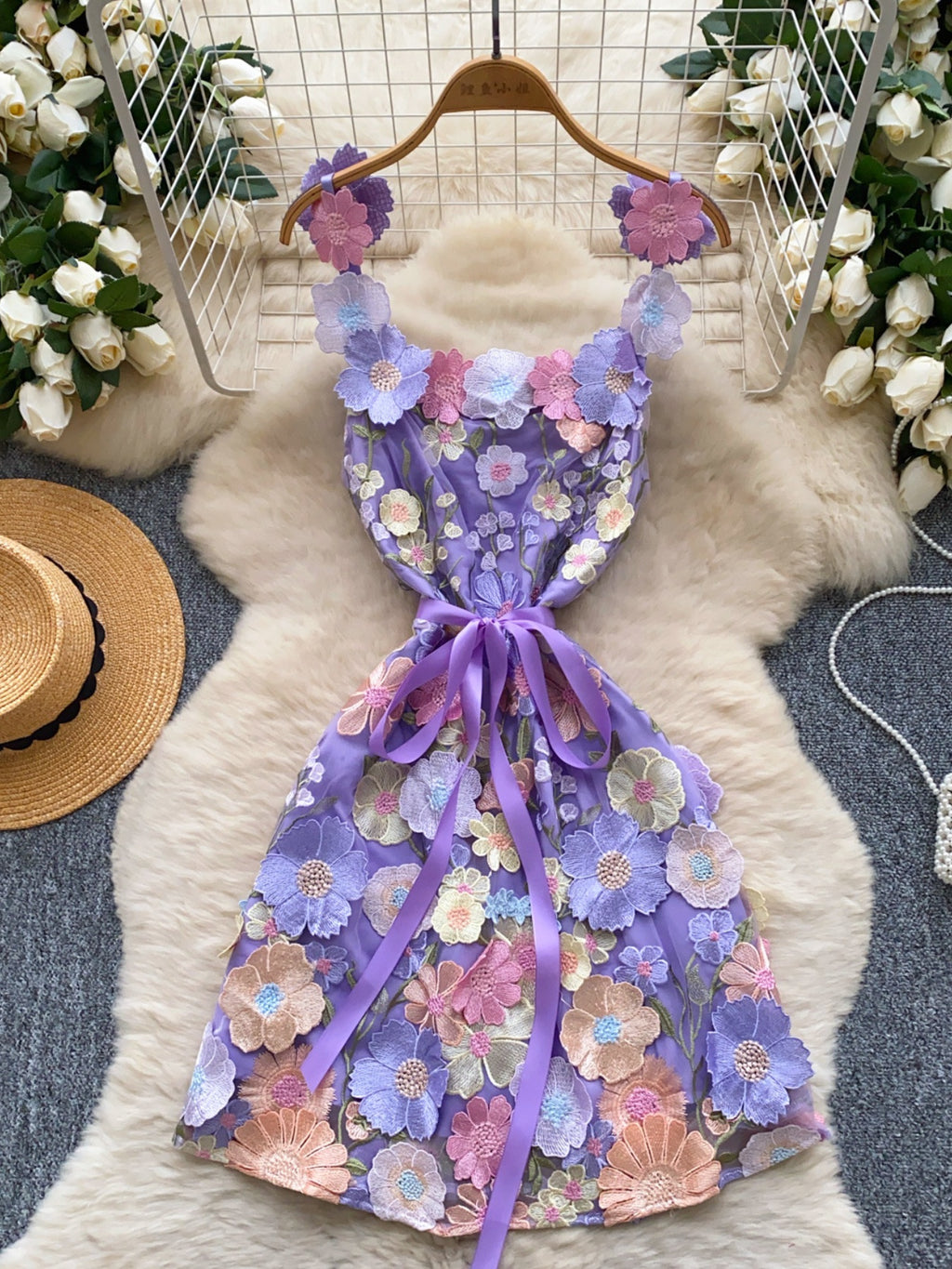 floral applique mini dress in purple full front view