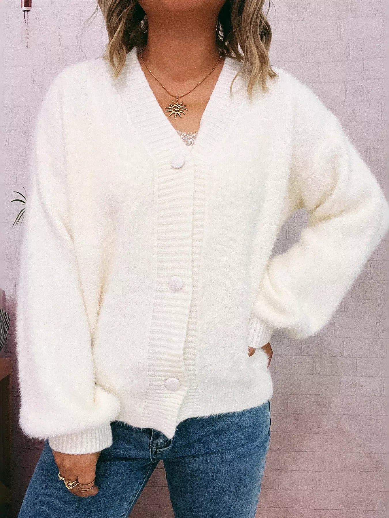 Fuzzy Button-Up Long Sleeve Cardigan