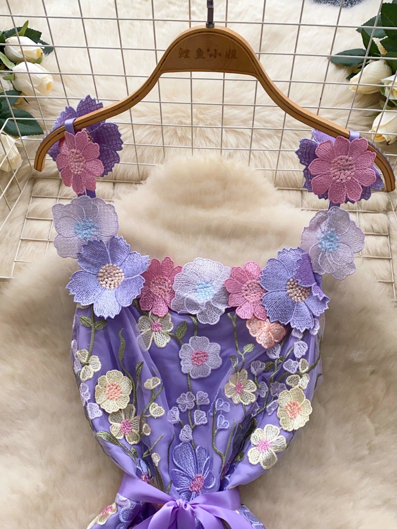 floral applique mini dress in purple closer view top of dress