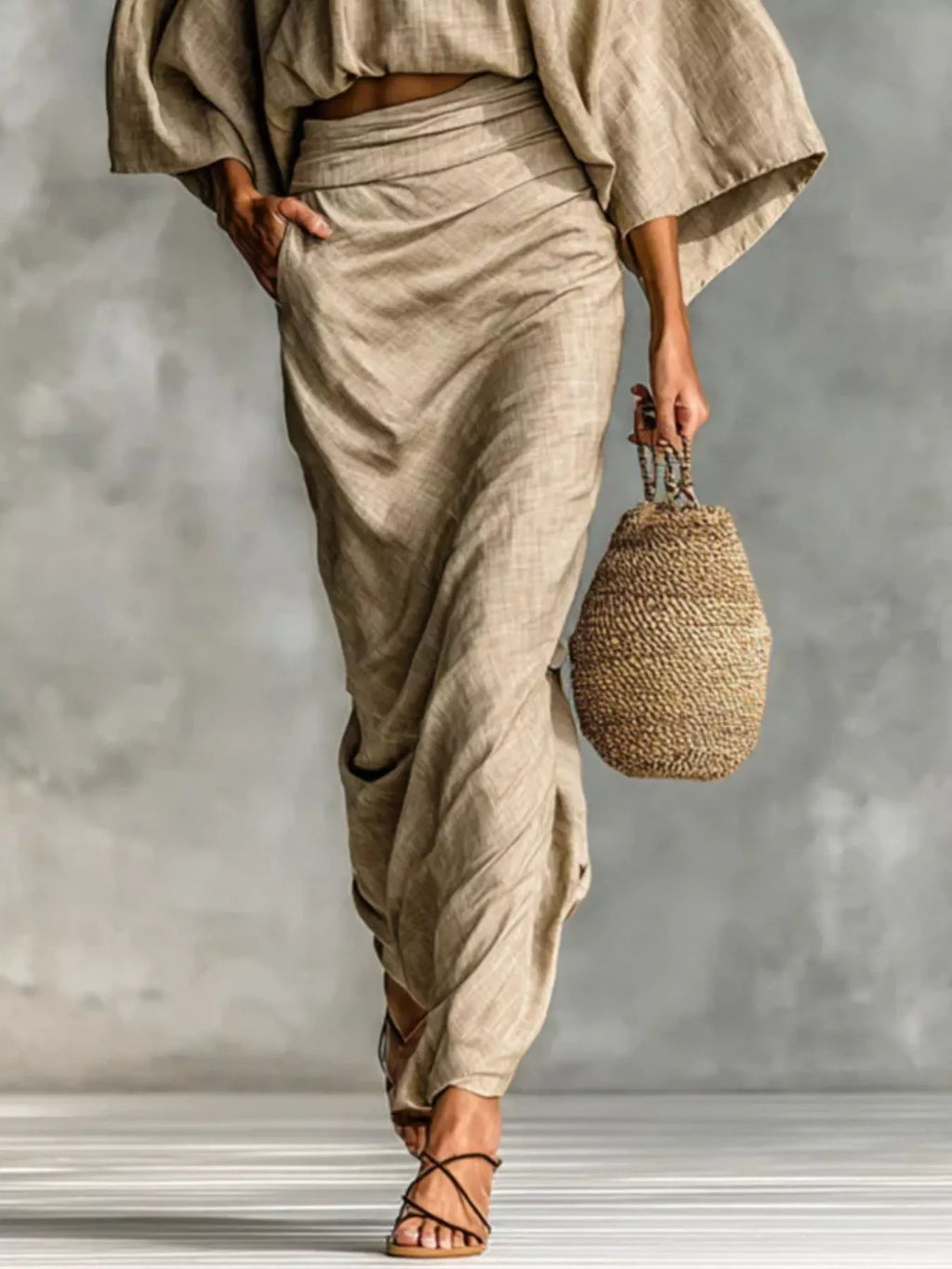 Ruched skirt in tan featuring gathered detail and soft drape