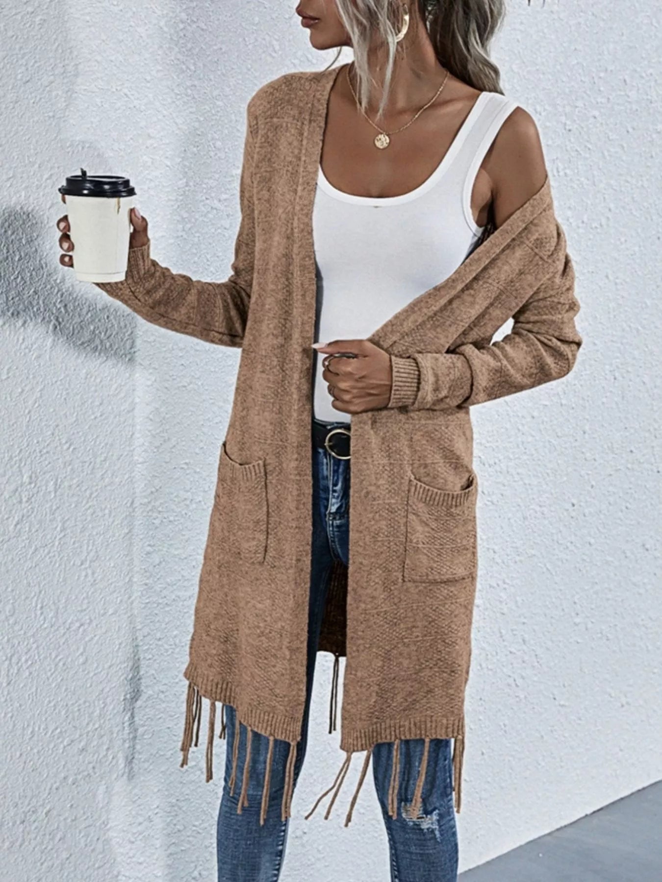Open Front Fringe Longline Cardigan with Pockets