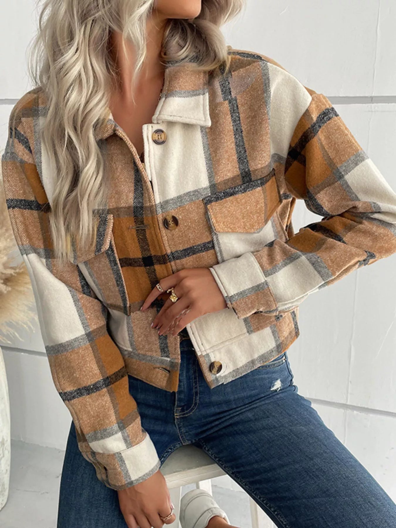 Plaid Button-Down Crop Jacket