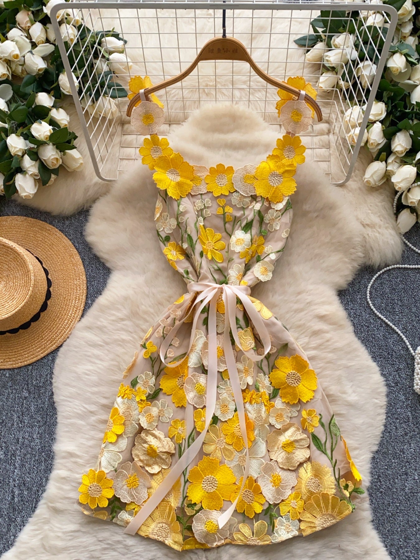 floral applique mini dress in yellow full view waist tied