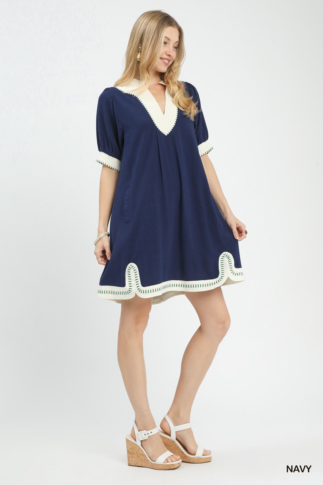 linen contrast trim dress full view front