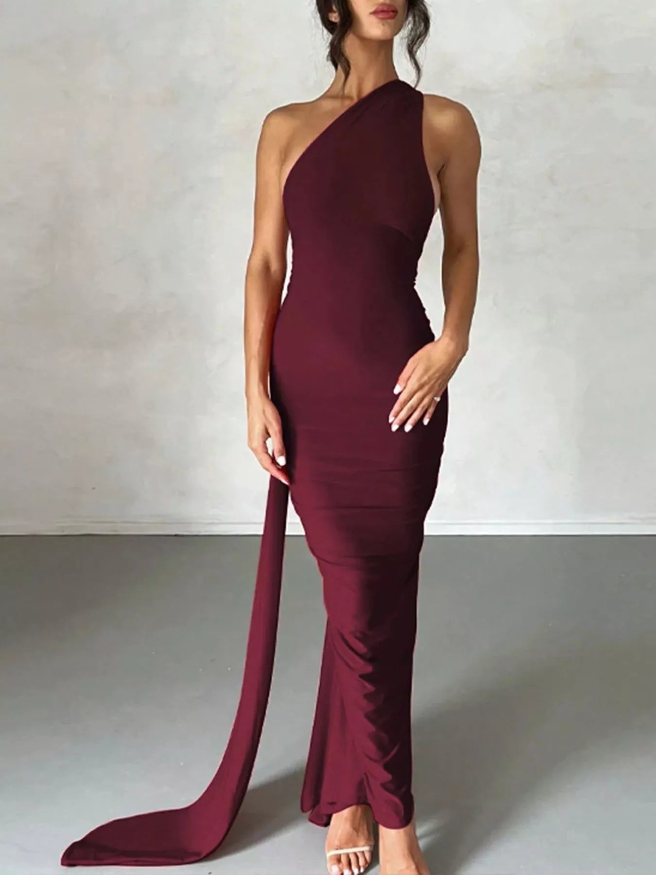 Backless One-Shoulder Ruched Bodycon Maxi Dress by Sable
