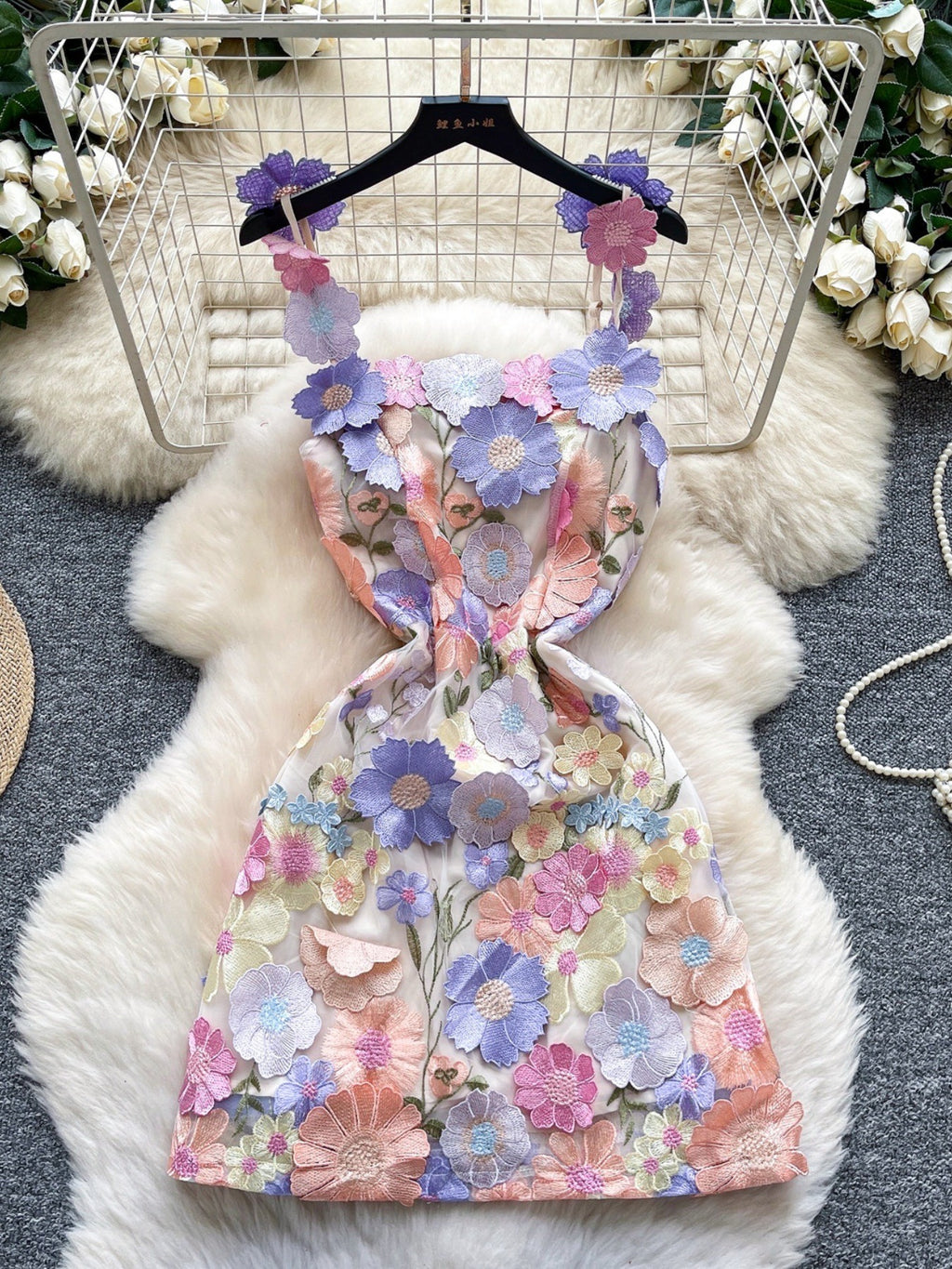 floral applique mini dress in purple apricot full front view