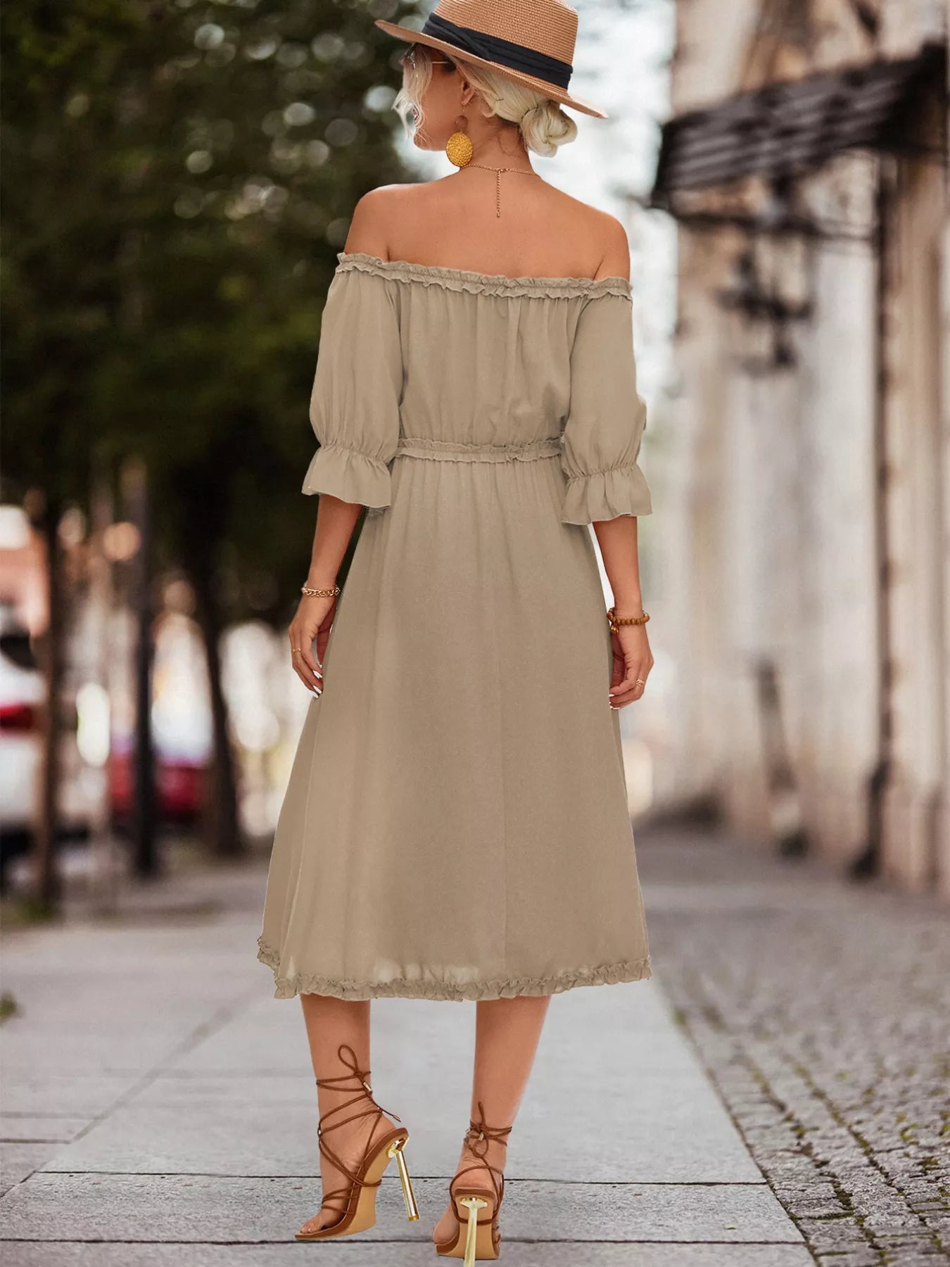 Off-Shoulder Flounce Sleeve Midi Dress Khaki / M Off-Shoulder Flounce Sleeve Midi Dress Khaki / M