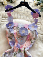 floral applique mini dress in purple apricot closer view of bodice and straps