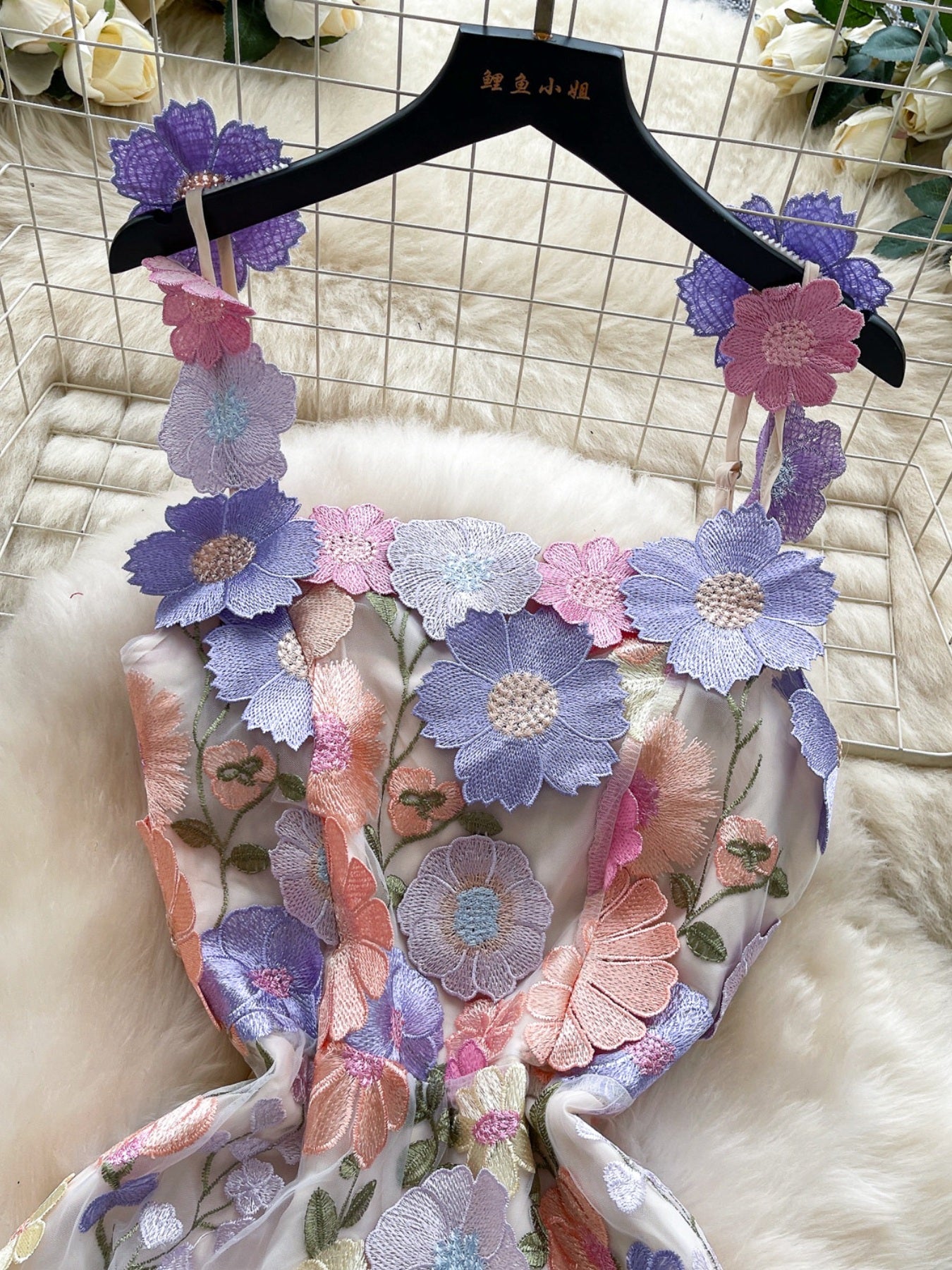 floral applique mini dress in purple apricot closer view of bodice and straps