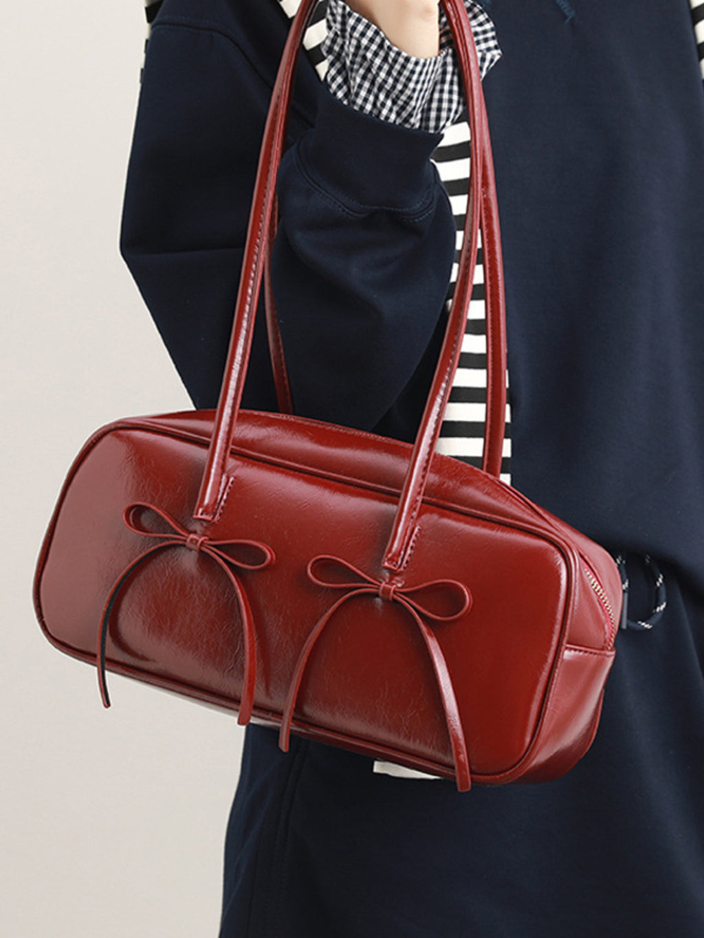 Bow decor shoulder bag with front bow detail alternate front view shows texture