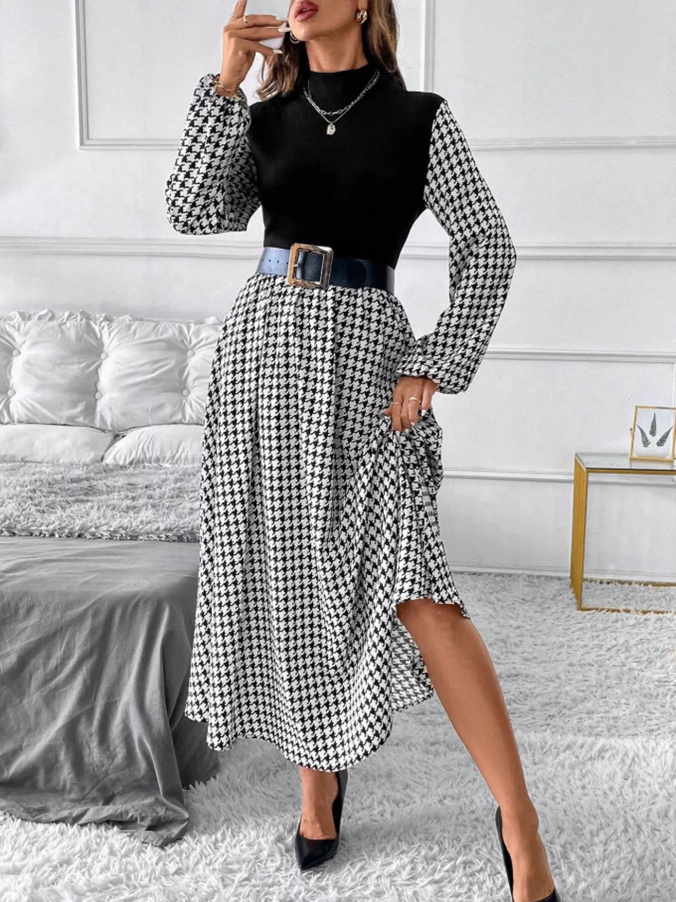 The Houndstooth Line Dress | Houndstooth Mock-Neck A-Line Dress - Black / M The Houndstooth Line Dress | Houndstooth Mock-Neck A-Line Dress - Black / M