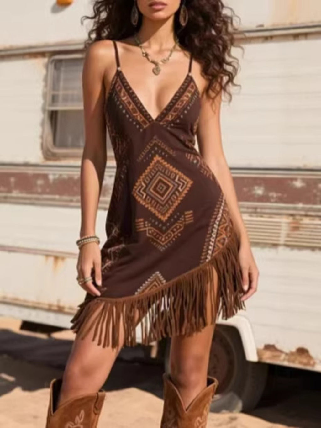 boho western dress in brown front view