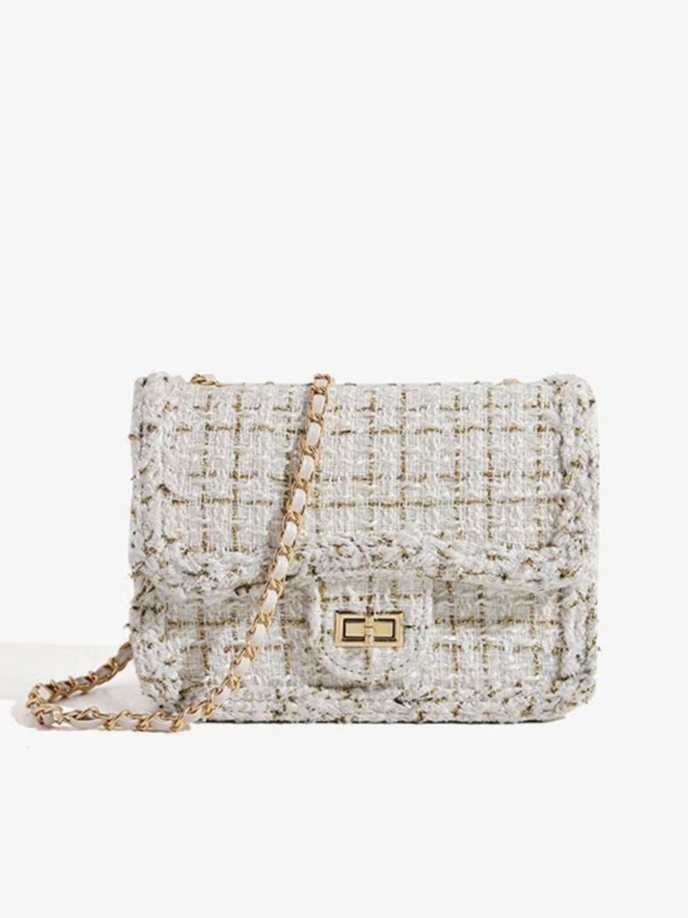 Classic tweed shoulder bag with chain draped