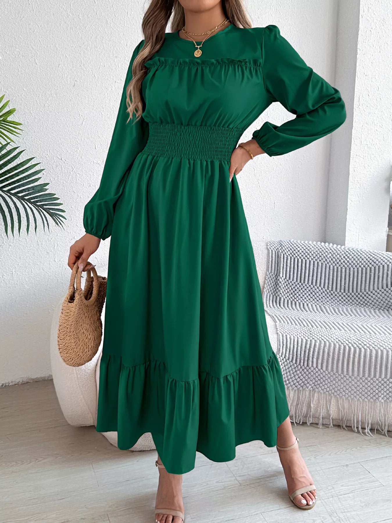 Round Neck Balloon Sleeve Tiered Dress