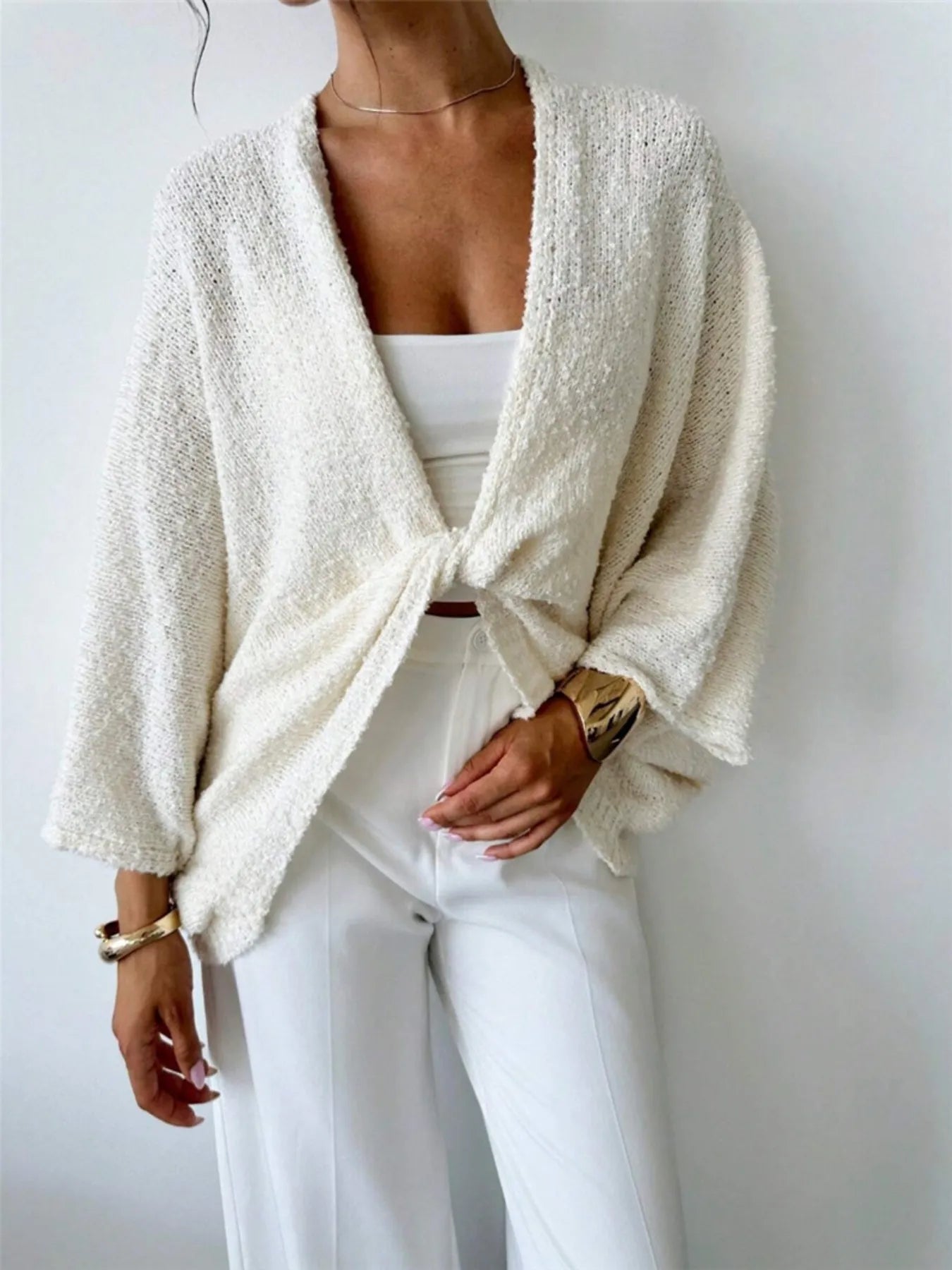 Twist-Front Textured Knit Cardigan