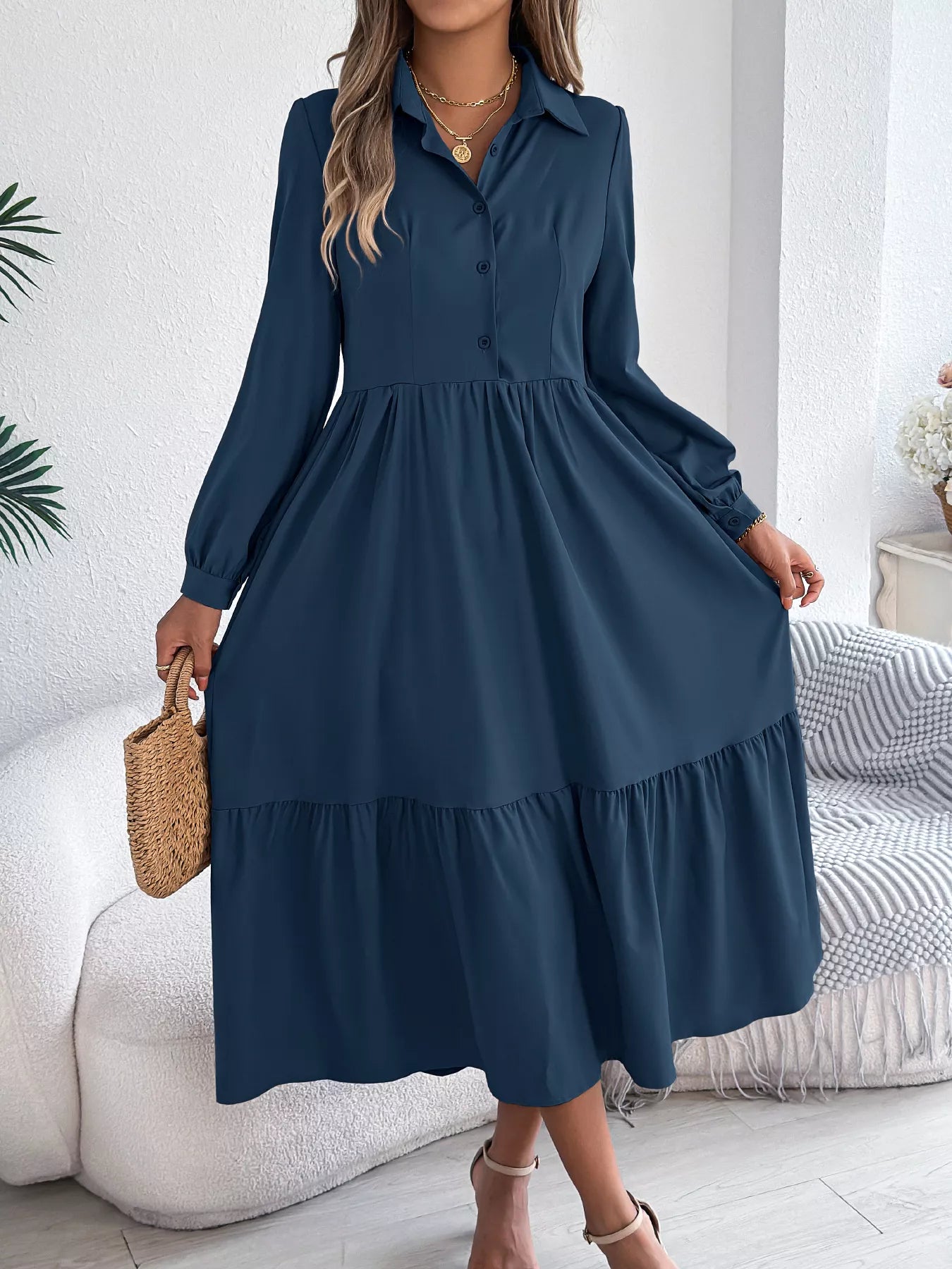 Long Sleeve Tiered Button Front Midi Dress | Structured Tiered Midi - Dark Green / L Long Sleeve Tiered Button Front Midi Dress | Structured Tiered Midi - Dark Green / L