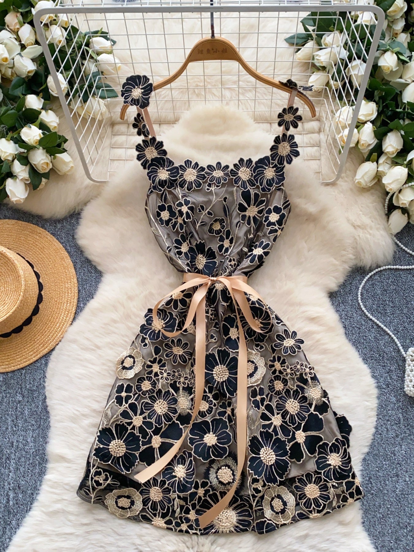 floral applique mini dress in black and gold full front view