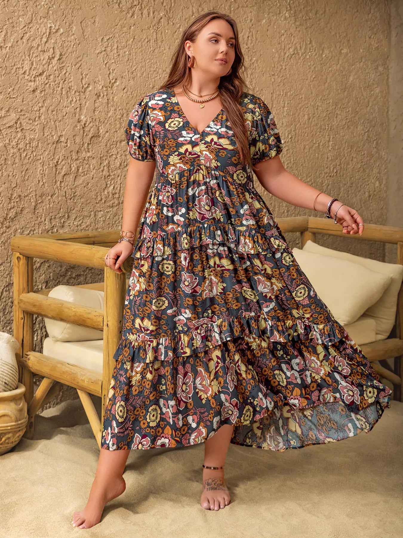 Plus Size V-Neck Short Sleeve Midi Dress