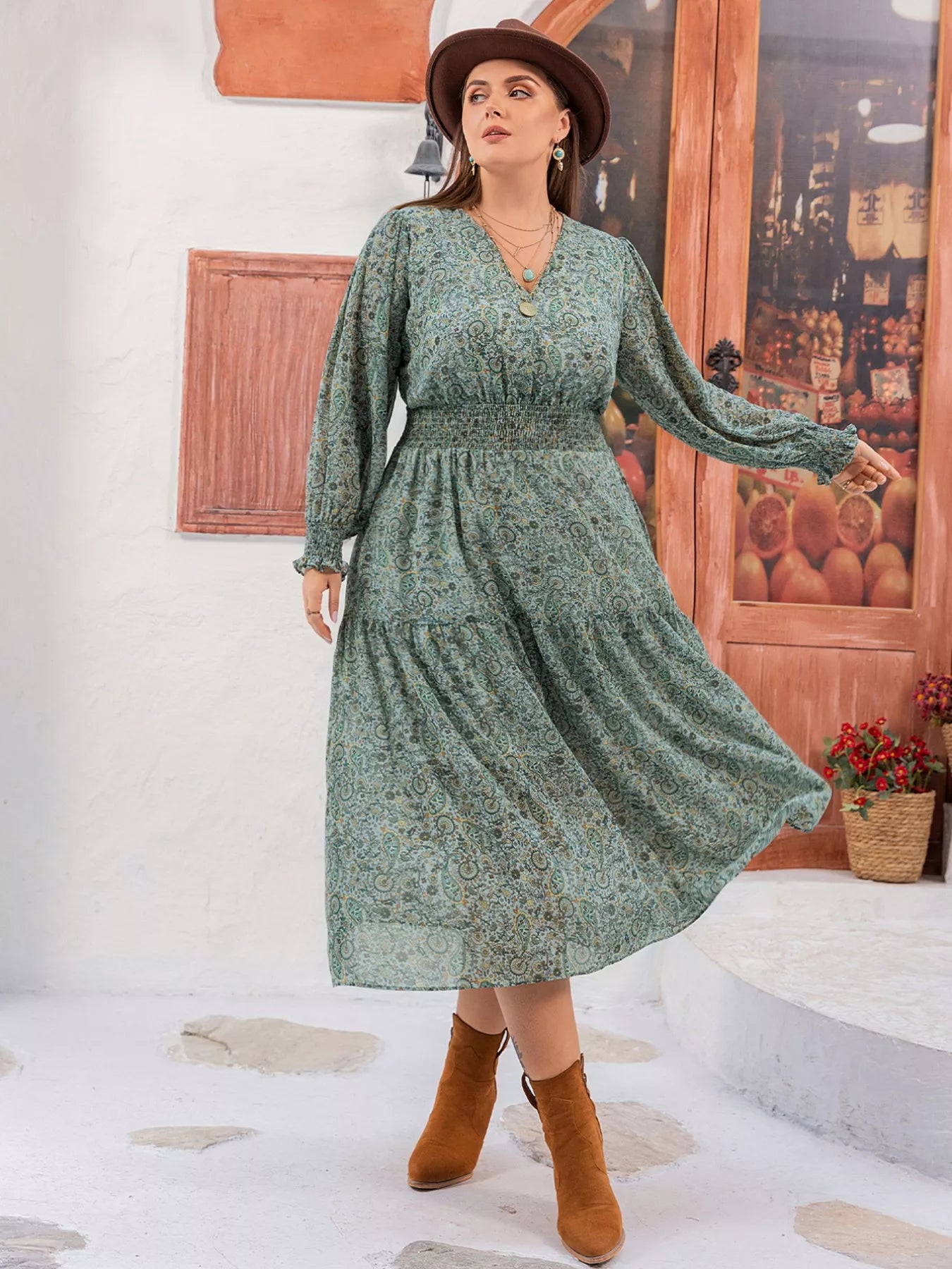 Plus Size Printed V-Neck Long Sleeve Midi Dress