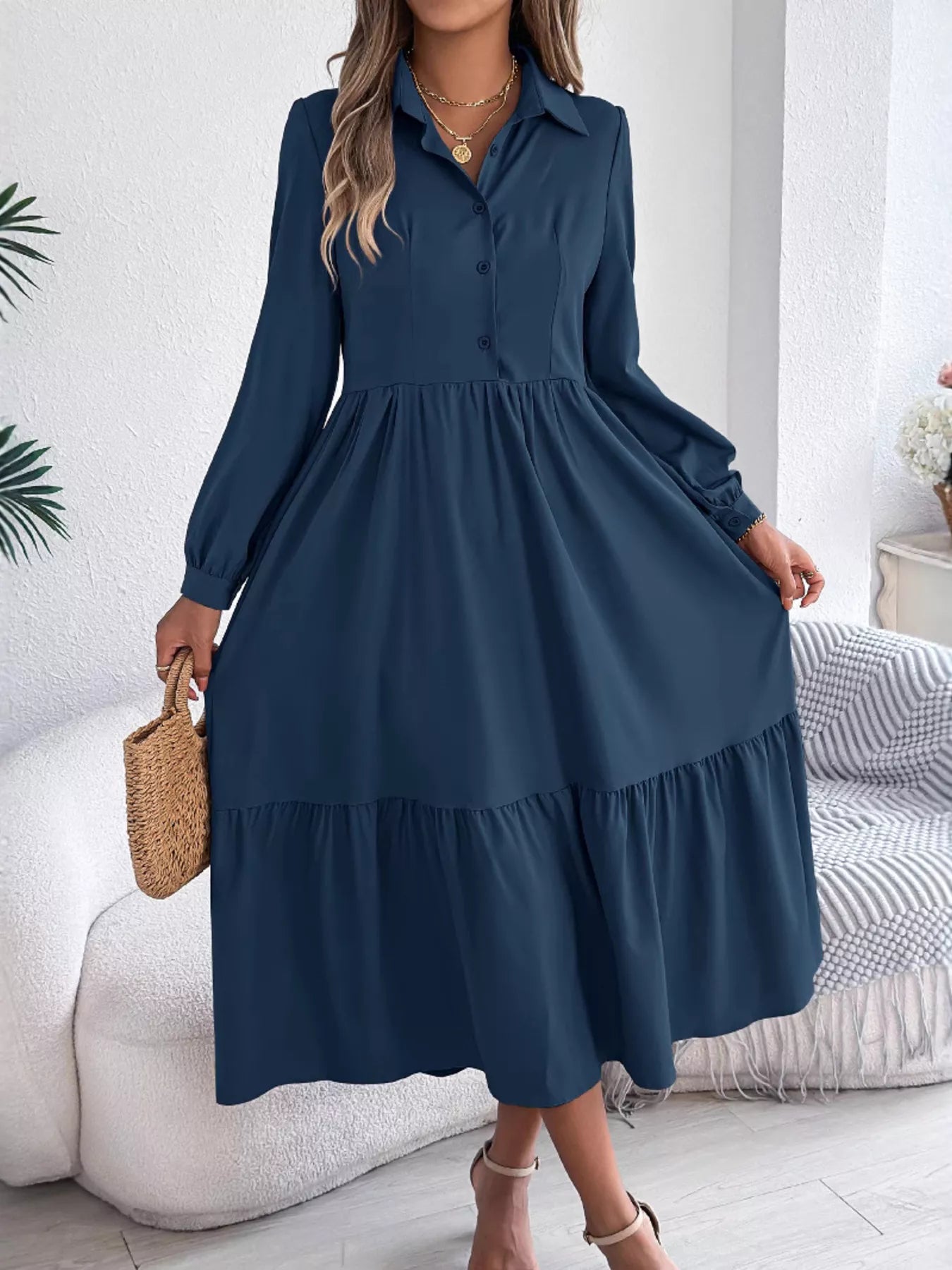 Long Sleeve Tiered Button Front Midi Dress | Structured Tiered Midi - Dark Green / L Long Sleeve Tiered Button Front Midi Dress | Structured Tiered Midi - Dark Green / L