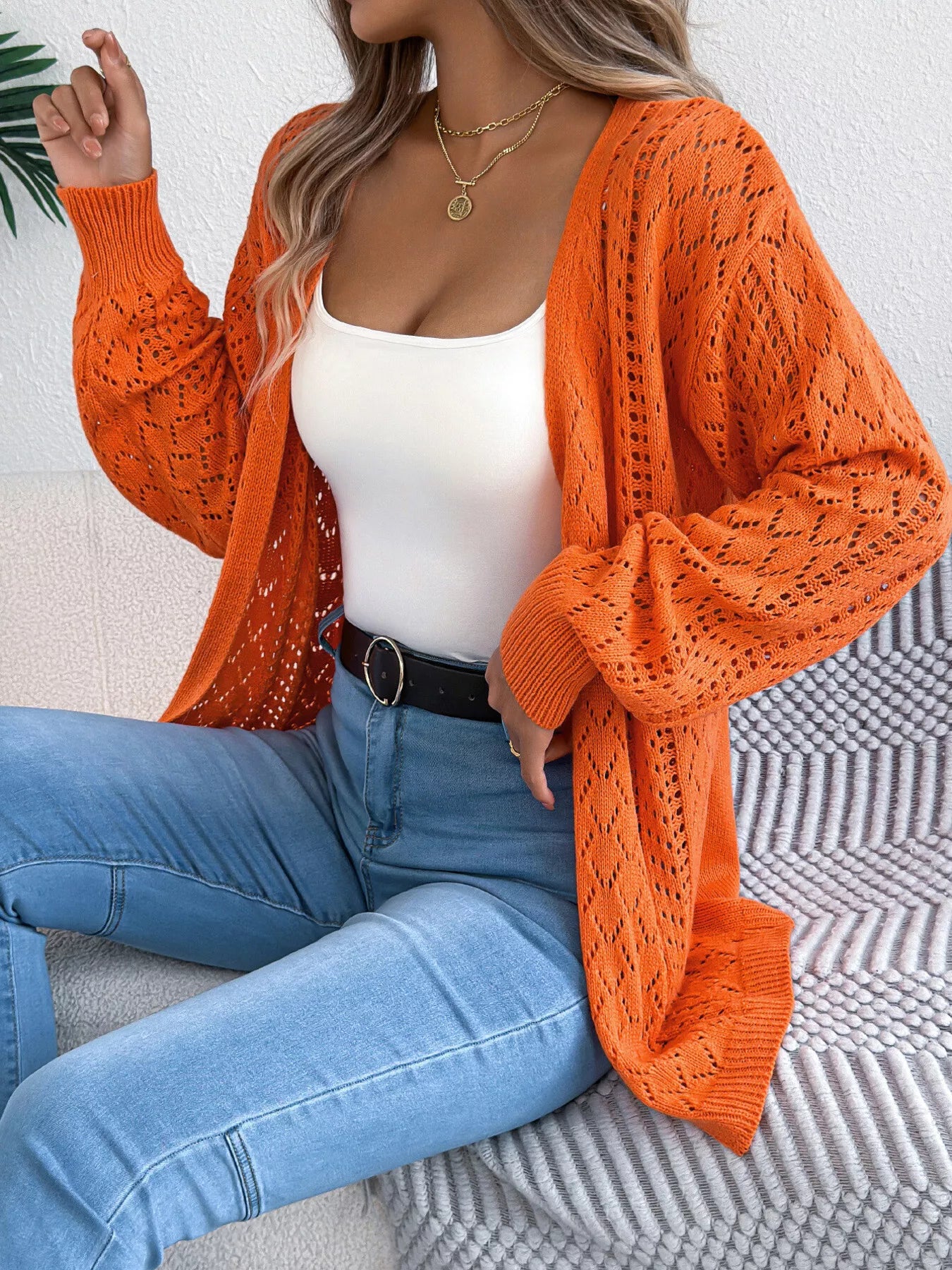Openwork Open-Front Long Sleeve Cardigan