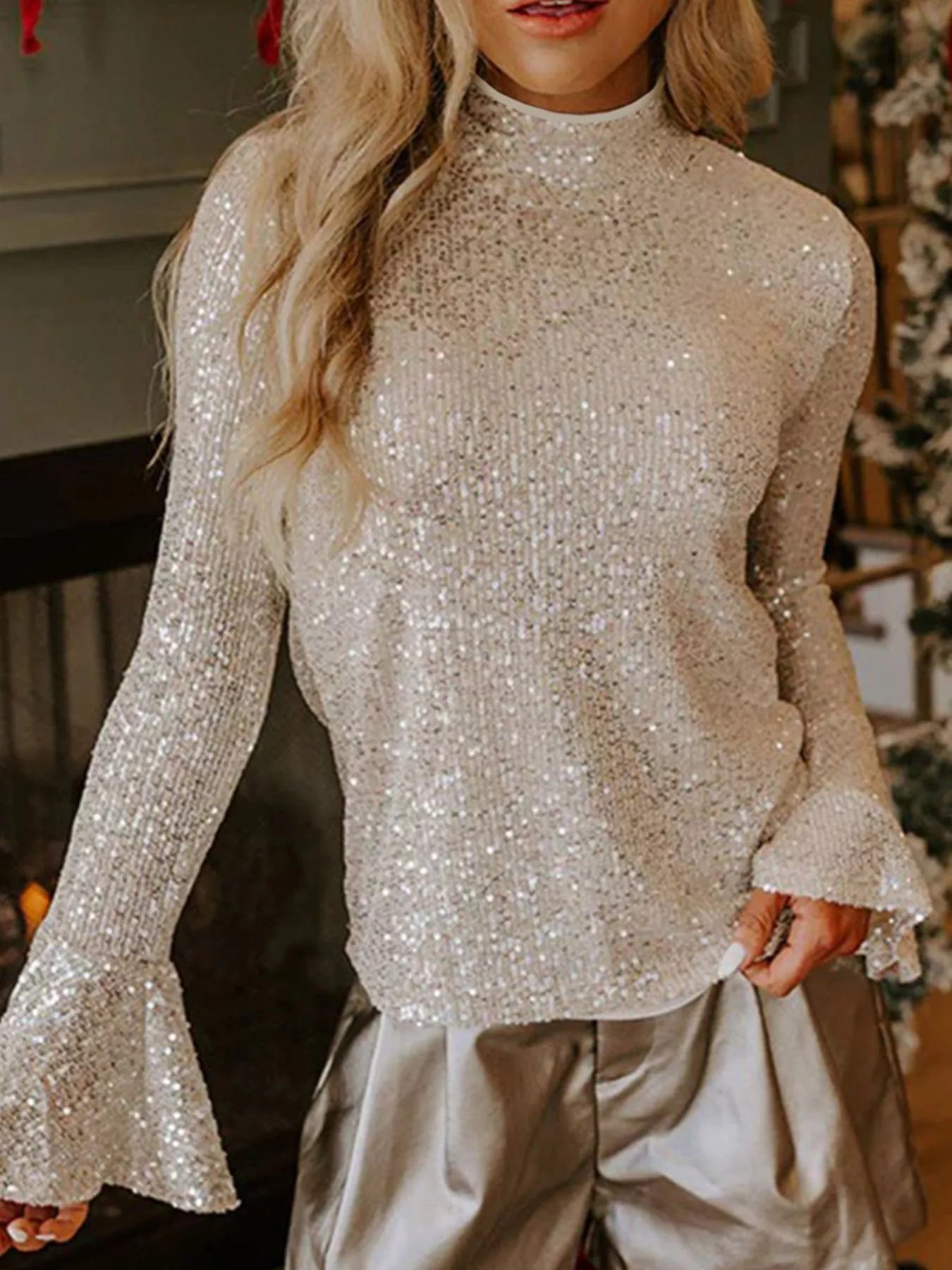 Sequin Mock-Neck Bell-Sleeve Top