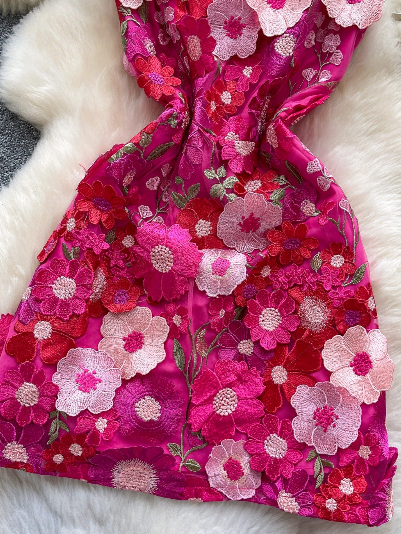 floral applique mini dress in rose red closer skirt view