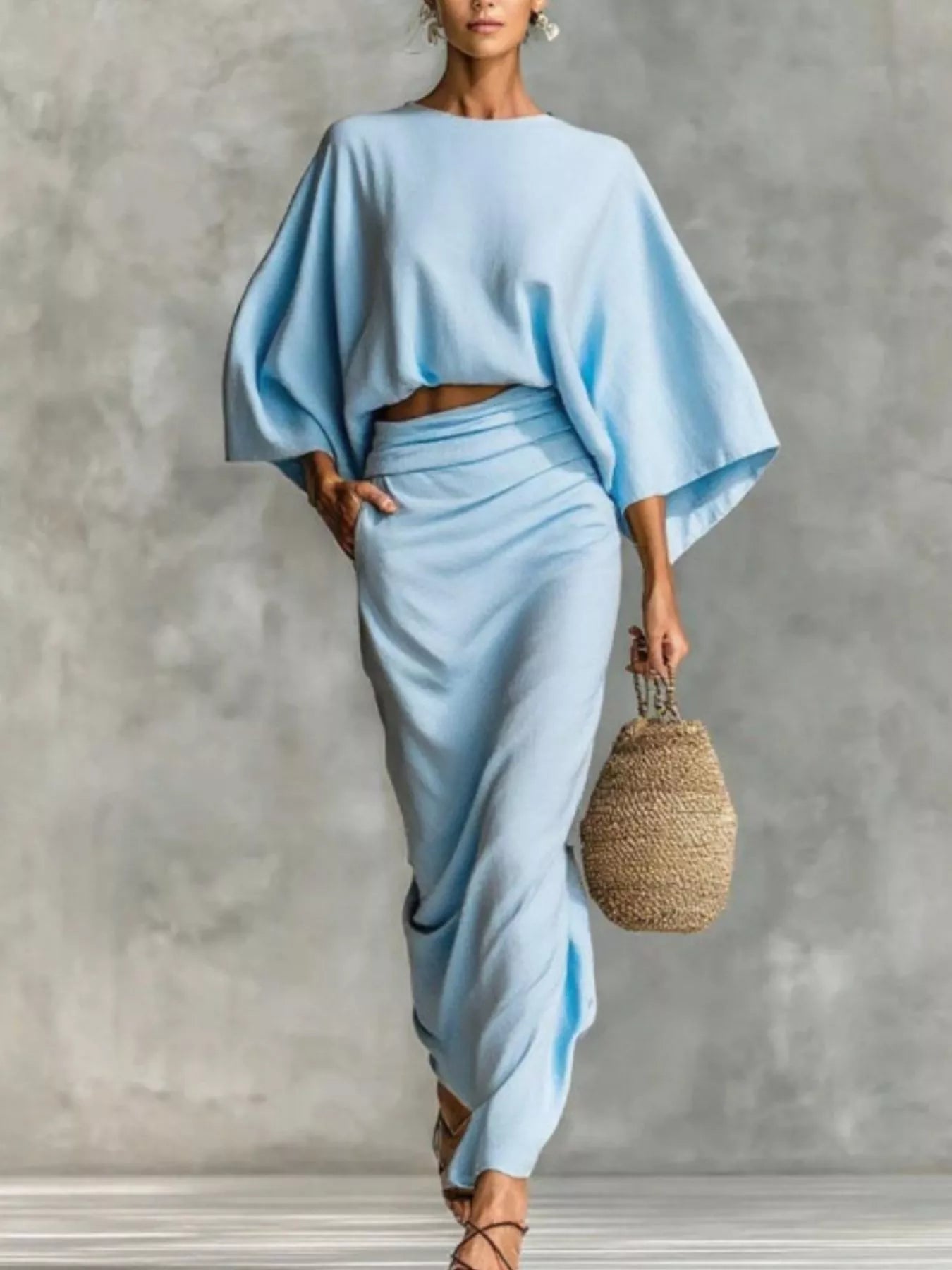 Kimono sleeve top and ruched skirt set in light blue with flowing silhouette front view