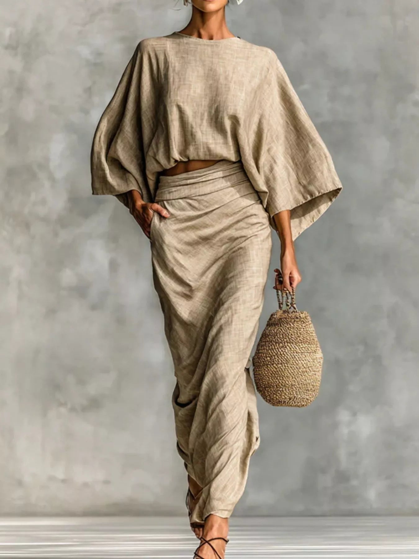 Kimono sleeve top and ruched skirt set in tan with soft draping and coordinated silhouette front view