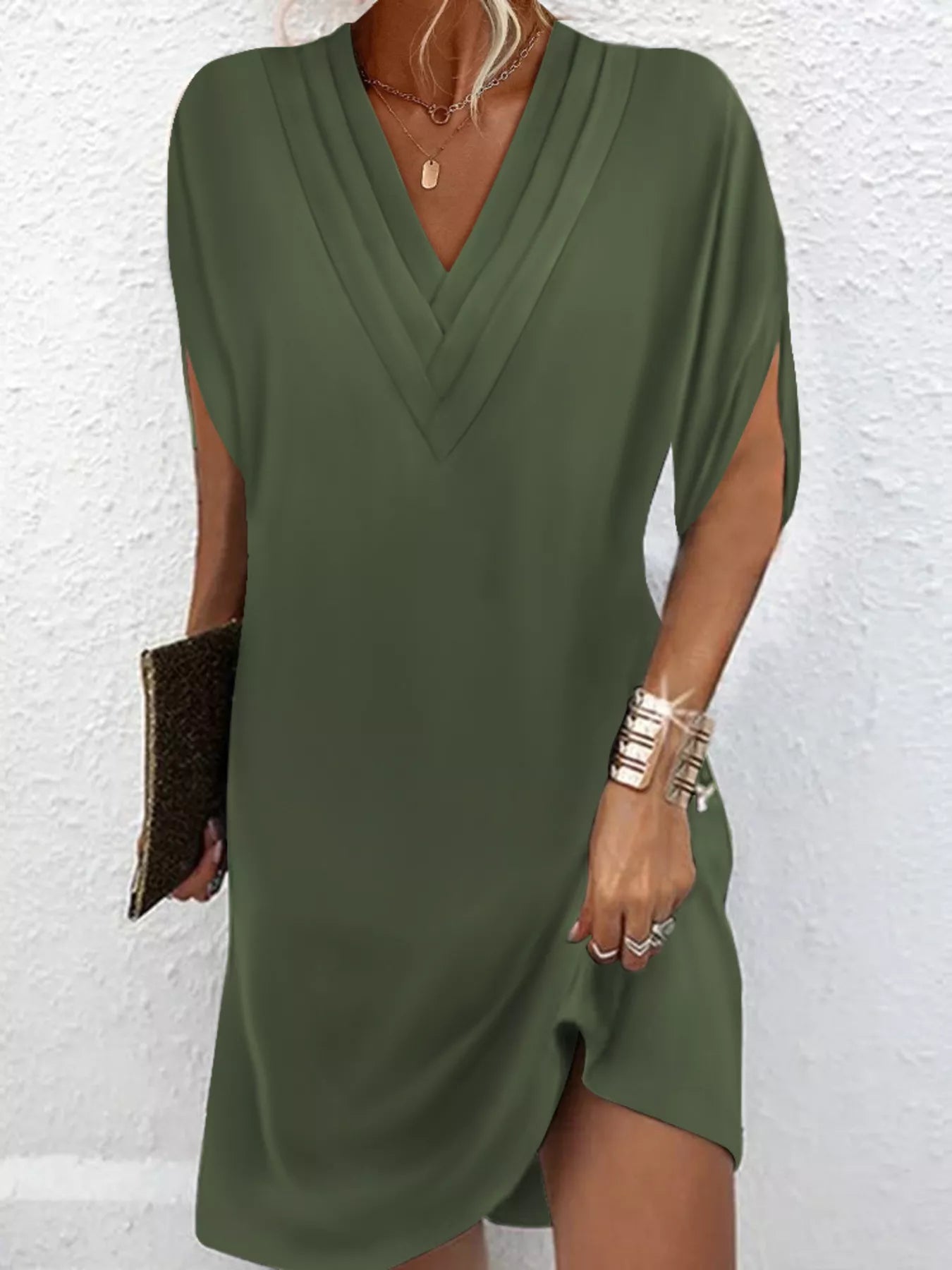 Full Size V-Neck Slit Sleeve Mini Dress Plus Size