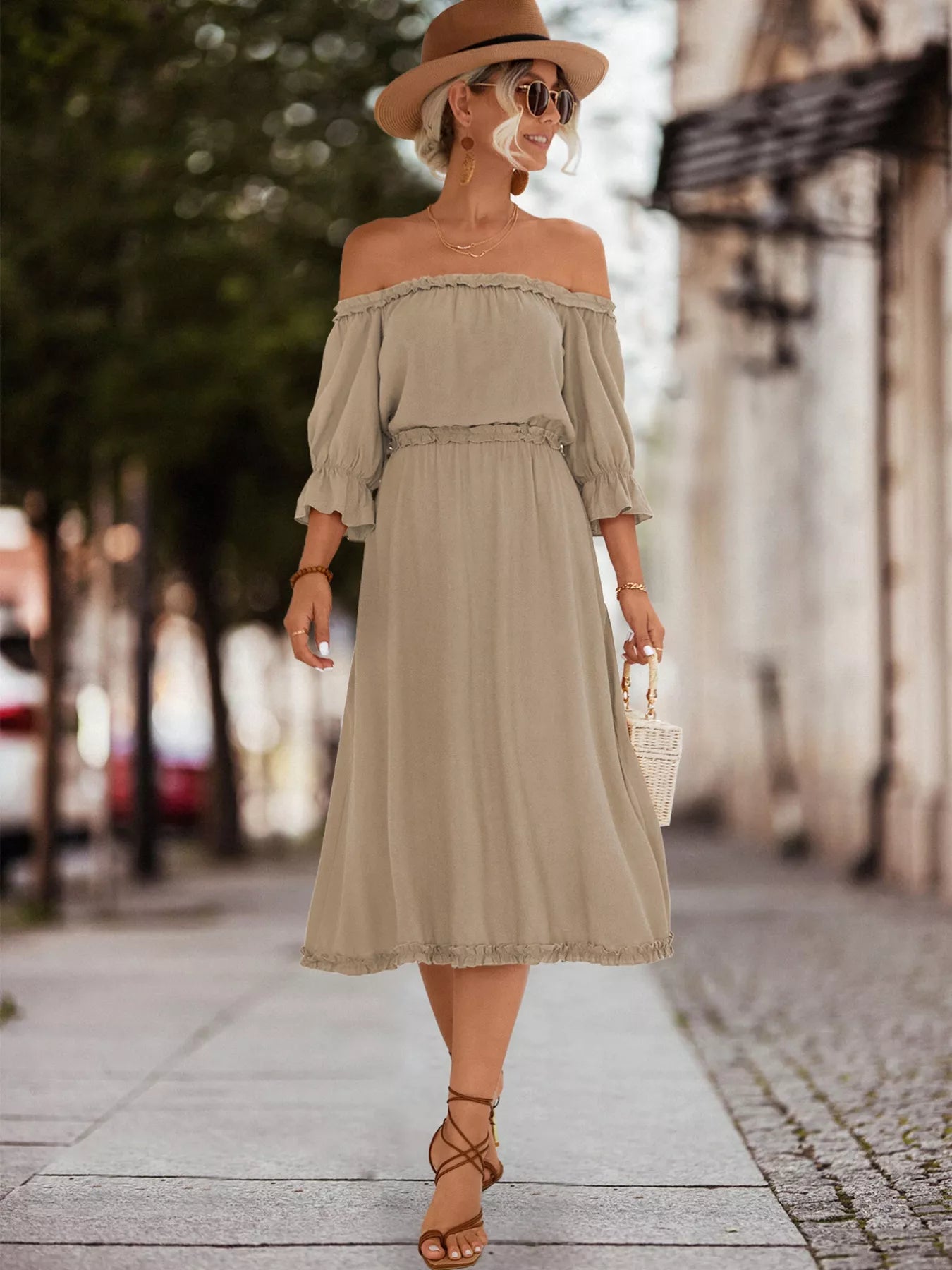 Off-Shoulder Flounce Sleeve Midi Dress