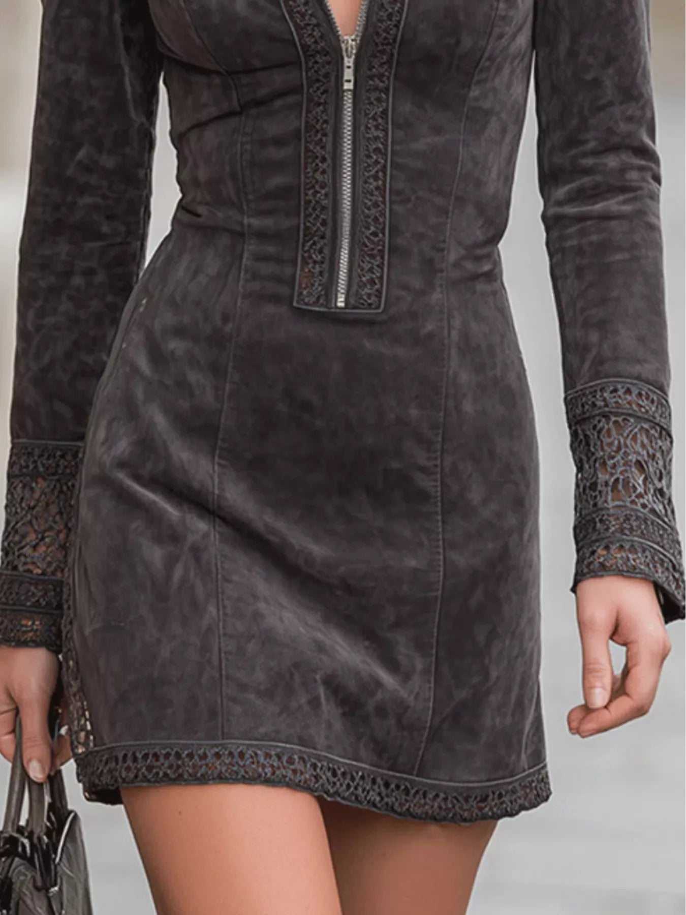 The Lace Zip Mini | Lace-Detail Zip-Front Mini Dress (Plus Size) - Dark Gray / M The Lace Zip Mini | Lace-Detail Zip-Front Mini Dress (Plus Size) - Dark Gray / M
