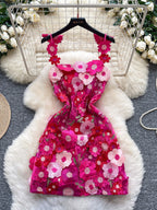 floral applique mini dress in rose red full front view 
